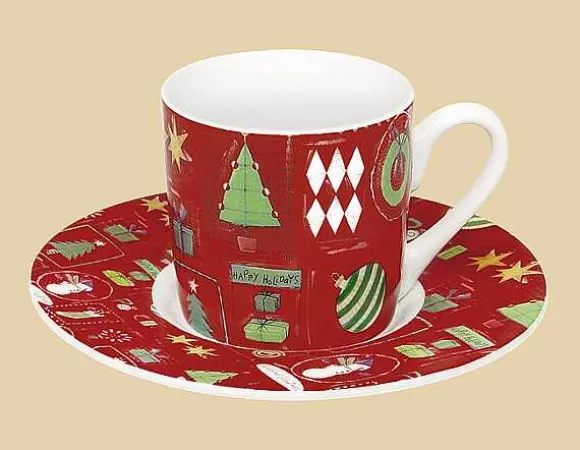 Konitz Porcelain Espressoset Holiday Scene - Red^ Christmas